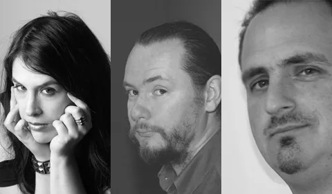 Rhianna Pratchett, James Swallow, and Ed Stern, all noticing something to the left.